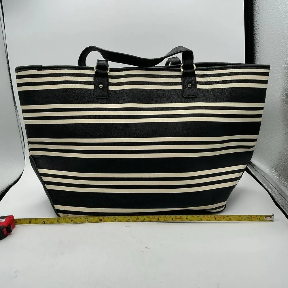 Betsey Johnson Black White Stripe Large Tote Bag Bows Hearts Lipstick Charms